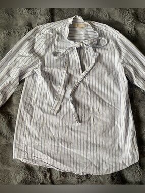Michael Kors White and Light Blue Striped Tie-Neck Button Down Shirt with bow